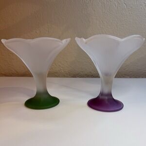 Pair of Italian Vtg Italian Strega Ice Cream Frosted Glass Cups Fancy Tulip